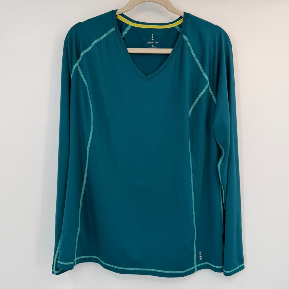 Lands End Large Teal Long Sleeve V-Neck Activewear Top Contrast Stitch Large